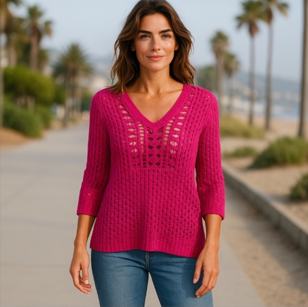 Chico's Crochet Open Knit Pink Sweater Size M